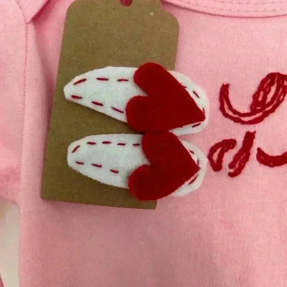 Hand Embroidered Monogrammed Baby Onesie & Felt Barrettes  with Hearts - Picture 7 of 8